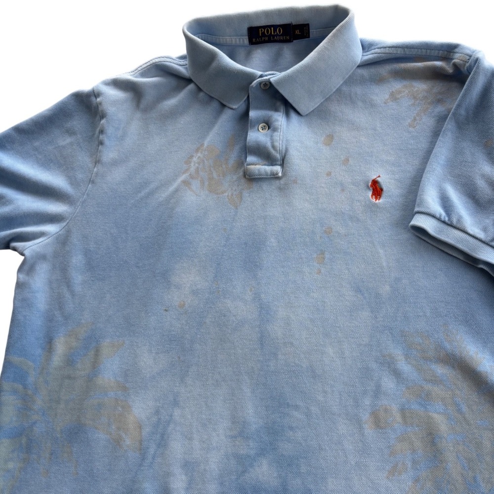 Polo Ralph Lauren Polo Shirt Mens XL‎ Blue Palm Tree Island Print Short Sleeve